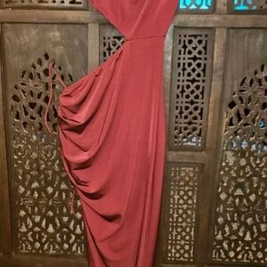 Windsor Asymmetrical Draped Gown in Brick Red
